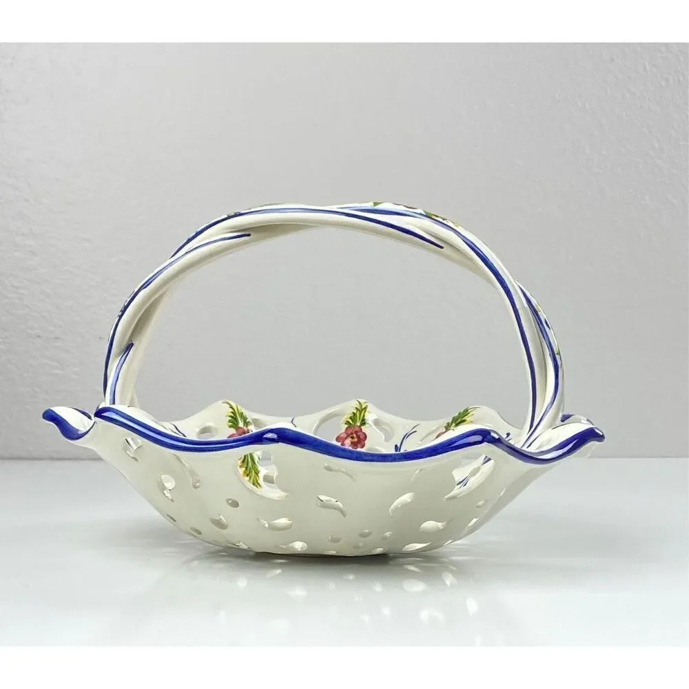 Vtg RCCL Ceramic Hand Painted Floral Blue Fruit Basket w Braided Handle Portugal